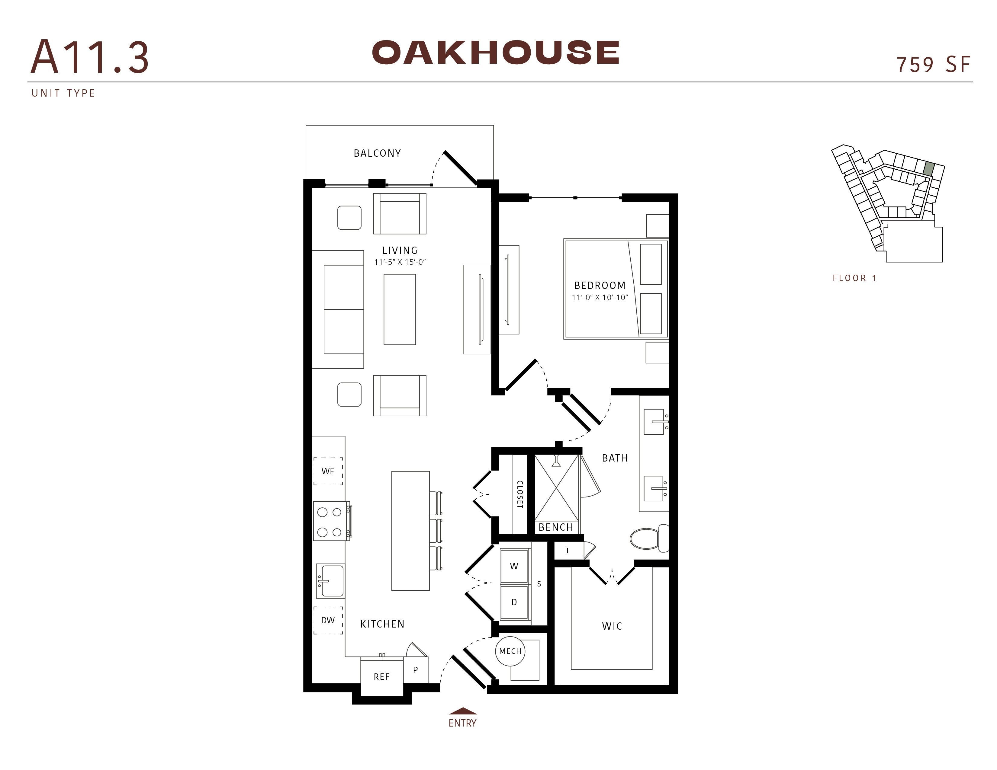 Floor plan for 1 bed, 1 bath, 759 sqft